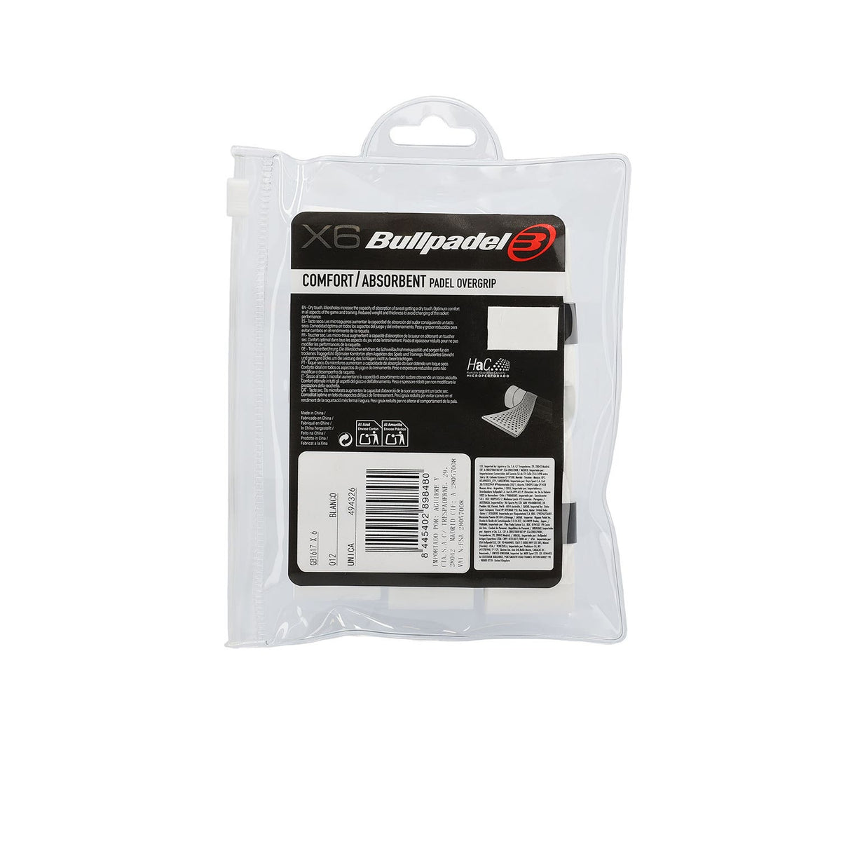 Bullpadel GB1617 witte overgrips in de blister van zes
