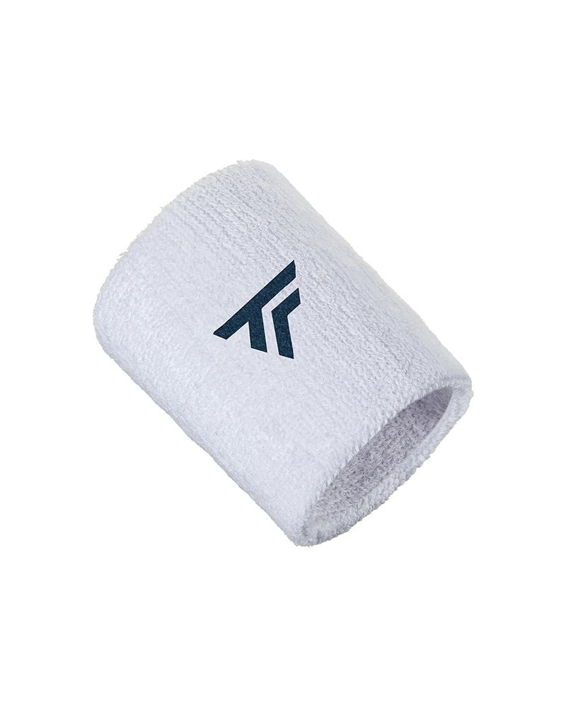 Twee brede badstof polsbanden met een klein logo, een in wit en een in grijsgroen